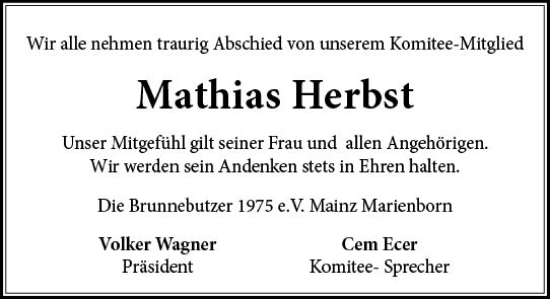 Traueranzeige von Mathias Herbst von Allgemeine Zeitung Mainz