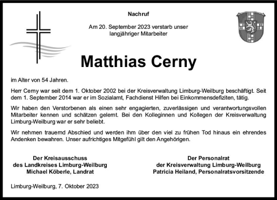 Traueranzeige von Matthias Cerny von Weilburger Tageblatt