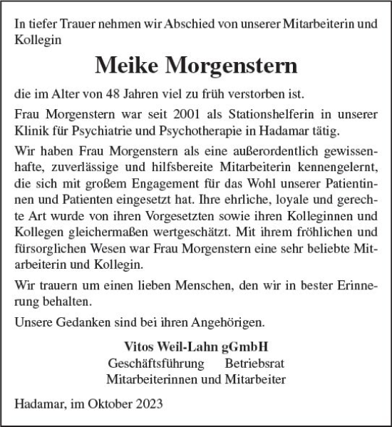 Traueranzeige von Meike Morgenstern von Weilburger Tageblatt