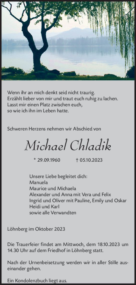  Traueranzeige für Michael Chladik vom 11.10.2023 aus Weilburger Tageblatt