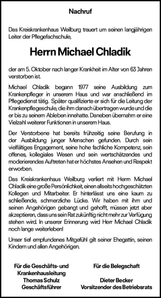  Traueranzeige für Michael Chladik vom 11.10.2023 aus Weilburger Tageblatt