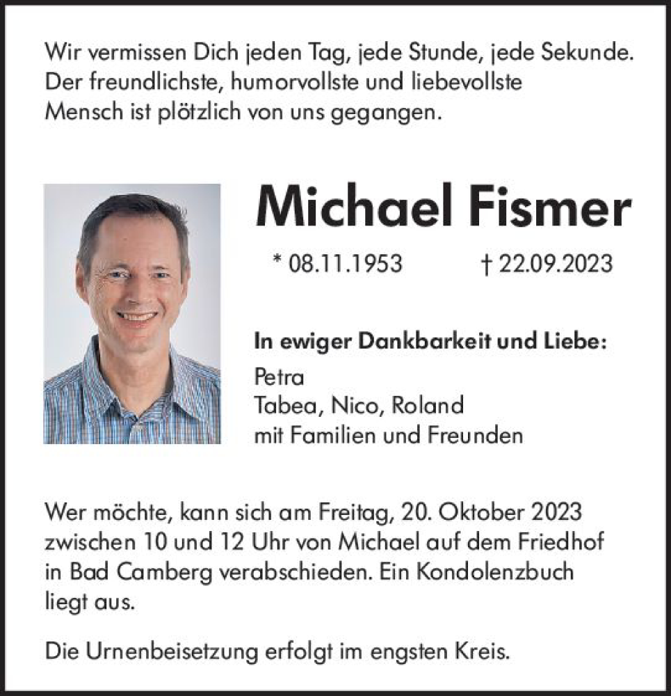  Traueranzeige für Michael Fismer vom 12.10.2023 aus Camberger Anzeiger