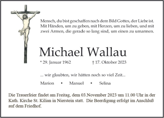 Traueranzeige von Michael Wallau von Allgemeine Zeitung Mainz