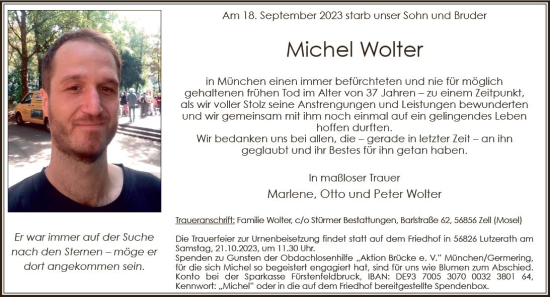 Traueranzeige von Michel Wolter von Allgemeine Zeitung Bad Kreuznach