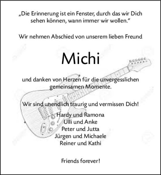 Traueranzeige von Michi  von Weilburger Tageblatt
