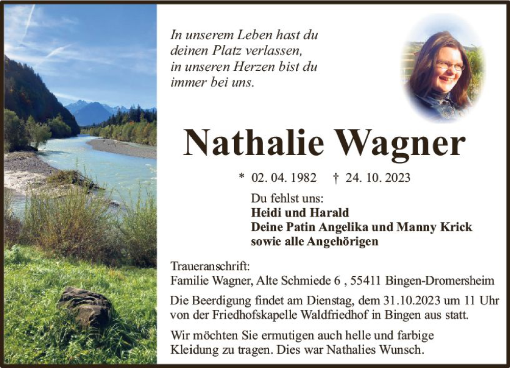  Traueranzeige für Nathalie Wagner vom 28.10.2023 aus Allgemeine Zeitung Bingen/Ingelheim