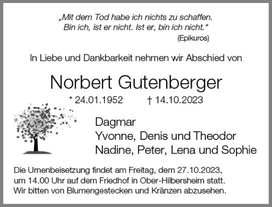 Traueranzeige von Norbert Gutenberger von Allgemeine Zeitung Bingen/Ingelheim