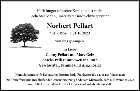 Traueranzeige von Norbert Pellart von Wiesbadener Kurier