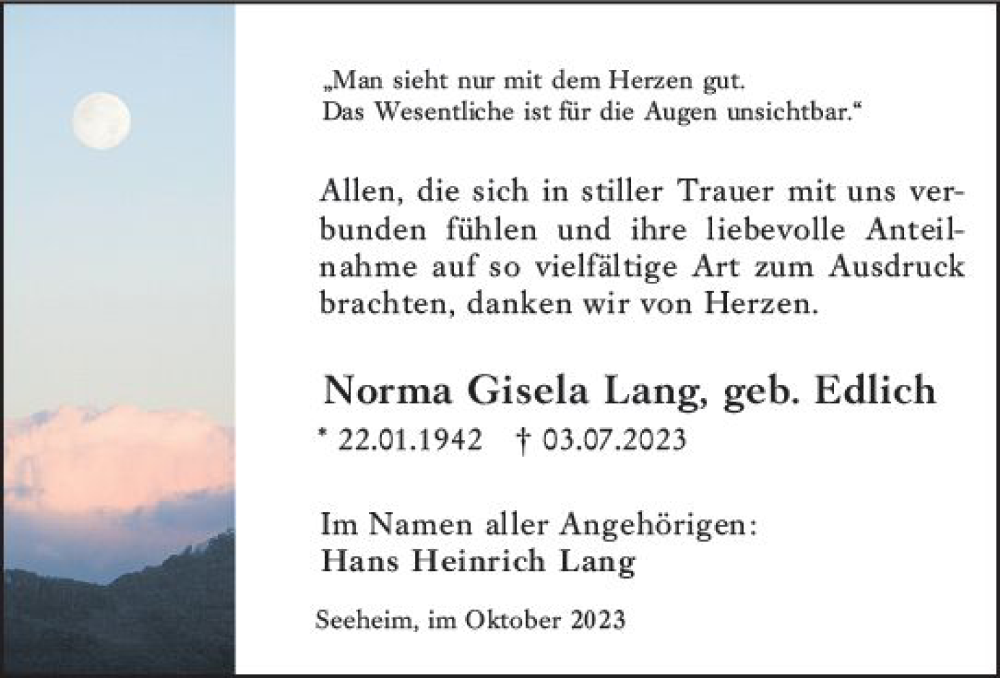  Traueranzeige für Norma Gisela Lang vom 05.10.2023 aus Darmstädter Echo