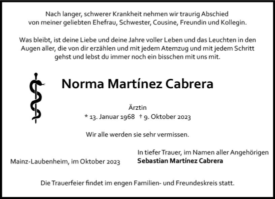 Traueranzeige von Norma Martinez Cabrera von Allgemeine Zeitung Mainz