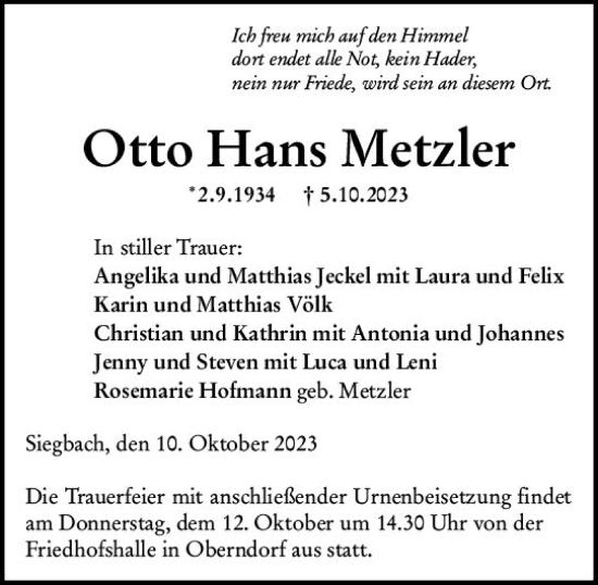 Traueranzeige von Otto Hans Metzler von Dill Block