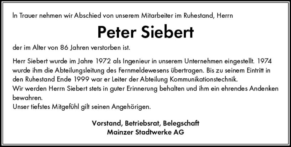  Traueranzeige für Peter Siebert vom 14.10.2023 aus Allgemeine Zeitung Alzey