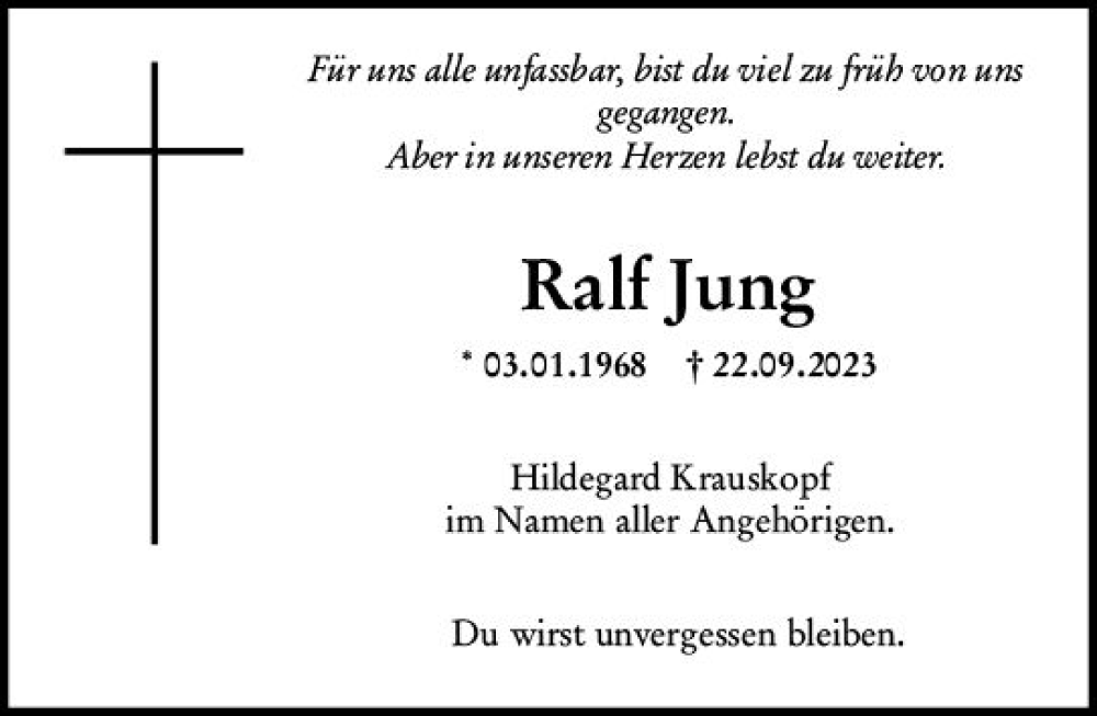  Traueranzeige für Ralf Jung vom 07.10.2023 aus Weilburger Tageblatt