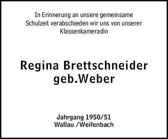 Traueranzeige von Regina Brettschneider von Hinterländer Anzeiger