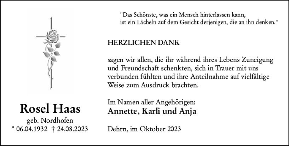  Traueranzeige für Rosel Haas vom 07.10.2023 aus Nassauische Neue Presse