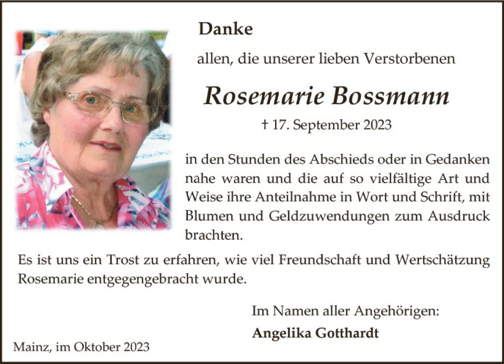  Traueranzeige für Rosemarie Bossmann vom 14.10.2023 aus Allgemeine Zeitung Mainz