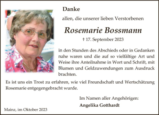 Traueranzeige von Rosemarie Bossmann von Allgemeine Zeitung Mainz