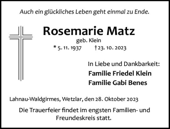Traueranzeige von Rosemarie Matz von Wetzlarer Neue Zeitung