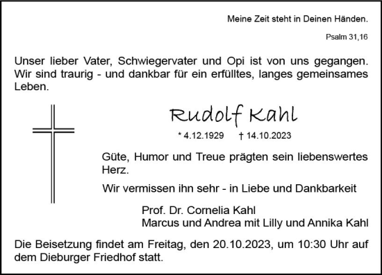 Traueranzeige von Rudolf Kahl von Dieburger Anzeiger/Groß-Zimmerner Lokal-Anzeiger