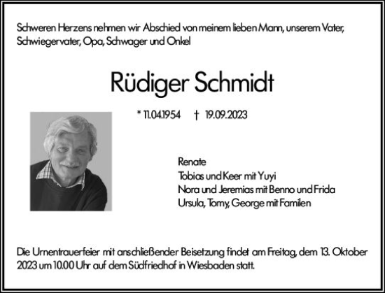 Traueranzeige von Rüdiger Schmidt von Wiesbadener Kurier