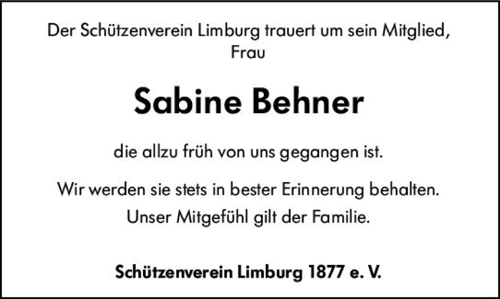  Traueranzeige für Sabine Behner vom 18.10.2023 aus Nassauische Neue Presse
