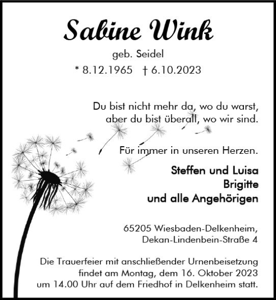 Traueranzeige von Sabine Wink von Wiesbadener Kurier