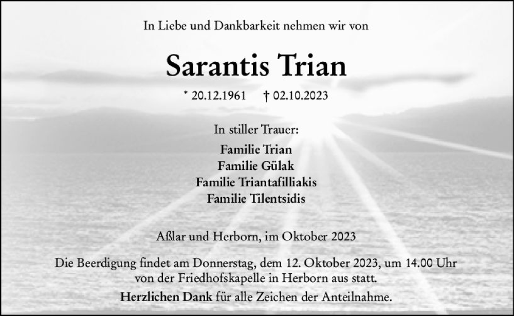  Traueranzeige für Sarantis Trian vom 09.10.2023 aus Dill Block
