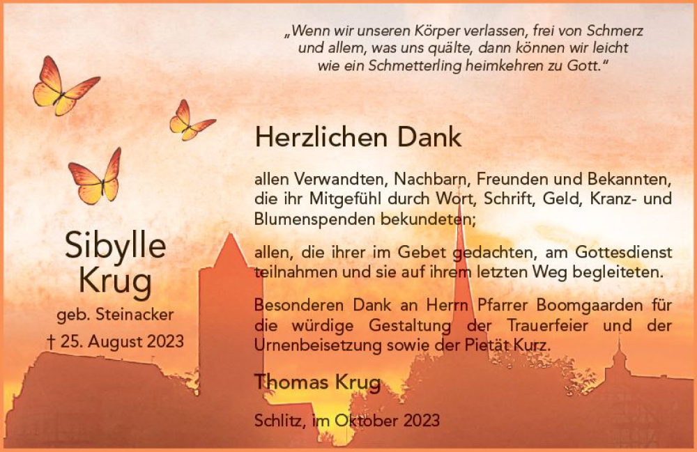  Traueranzeige für Sibylle Krug vom 14.10.2023 aus VRM Trauer