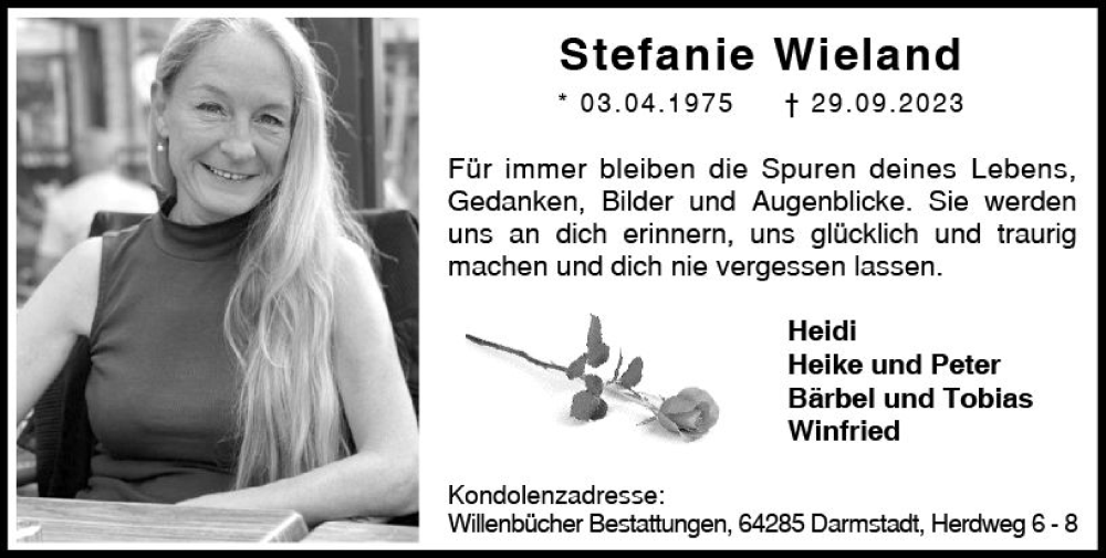  Traueranzeige für Stefanie Wieland vom 14.10.2023 aus Darmstädter Echo