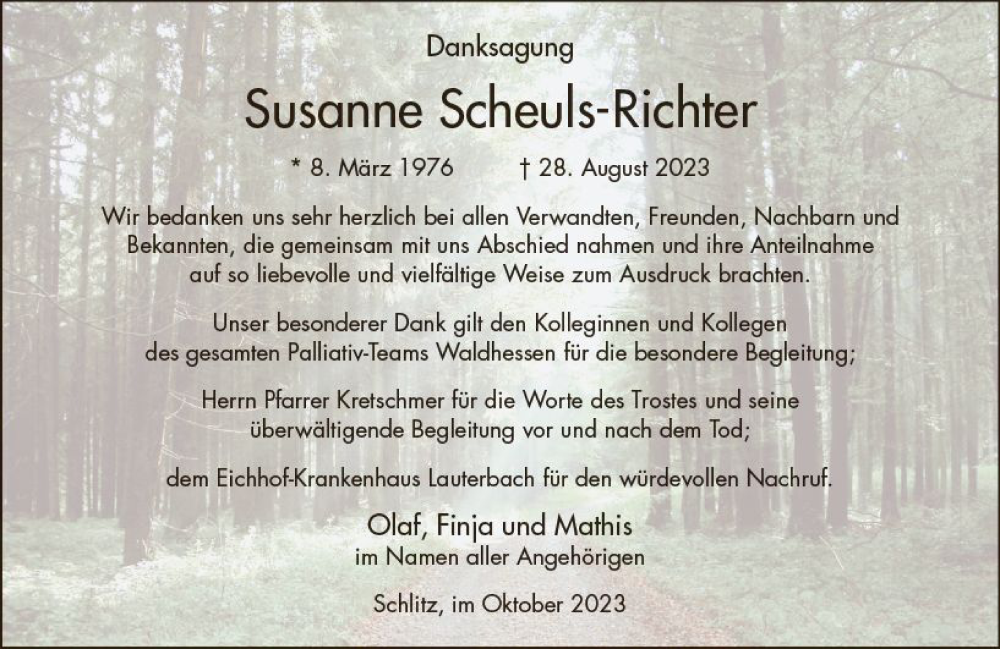  Traueranzeige für Susanne Scheuls-Richter vom 27.10.2023 aus VRM Trauer
