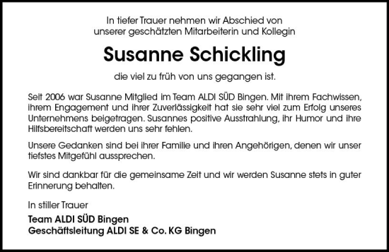 Traueranzeige von Susanne Schickling von Allgemeine Zeitung Bingen/Ingelheim