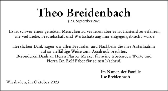 Traueranzeige von Theo Breidenbach von Wiesbadener Kurier