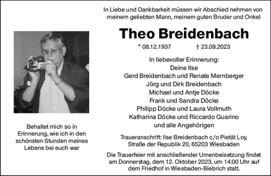 Traueranzeige von Theo Breidenbach von Wiesbadener Kurier