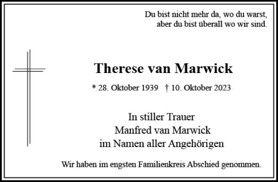Traueranzeige von Therese van Marwick von Wiesbadener Kurier