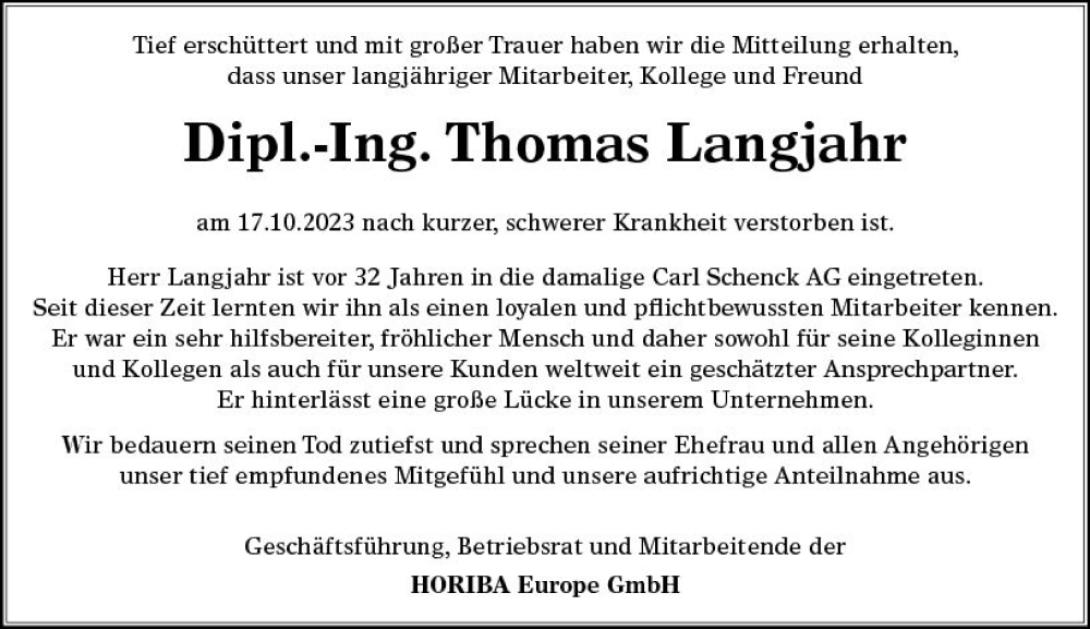  Traueranzeige für Thomas Langjahr vom 28.10.2023 aus Darmstädter Echo