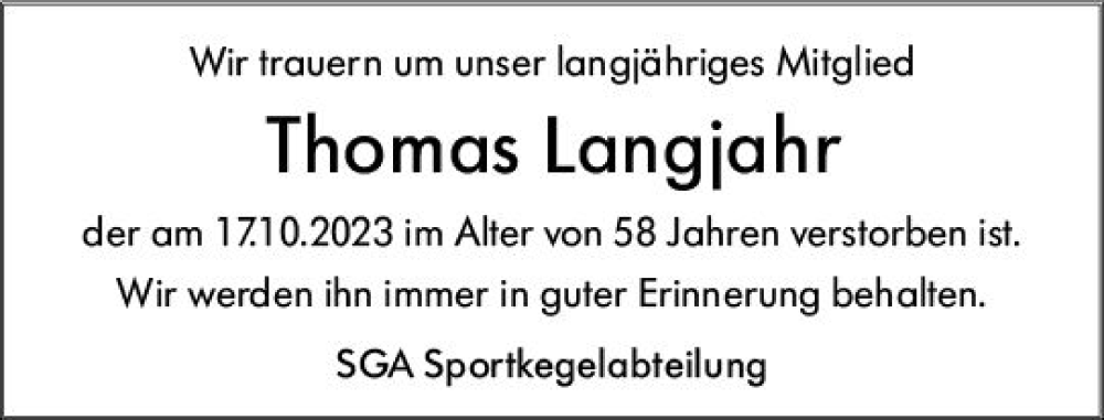  Traueranzeige für Thomas Langjahr vom 28.10.2023 aus Darmstädter Echo