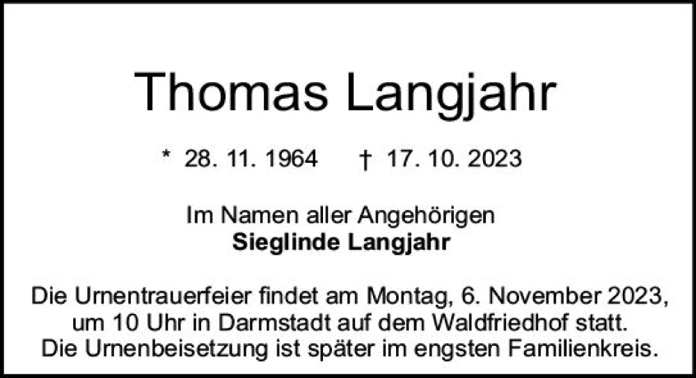  Traueranzeige für Thomas Langjahr vom 28.10.2023 aus Darmstädter Echo