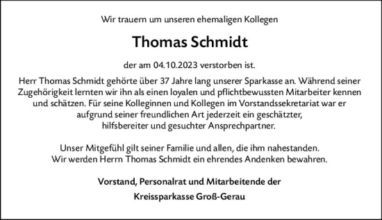 Traueranzeige von Thomas Schmidt von Groß-Gerauer Echo