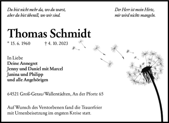 Traueranzeige von Thomas Schmidt von Groß-Gerauer Echo