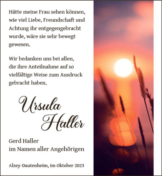 Traueranzeige von Ursula Haller von Allgemeine Zeitung Alzey