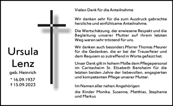 Traueranzeige von Ursula Lenz von Bergsträßer Anzeiger