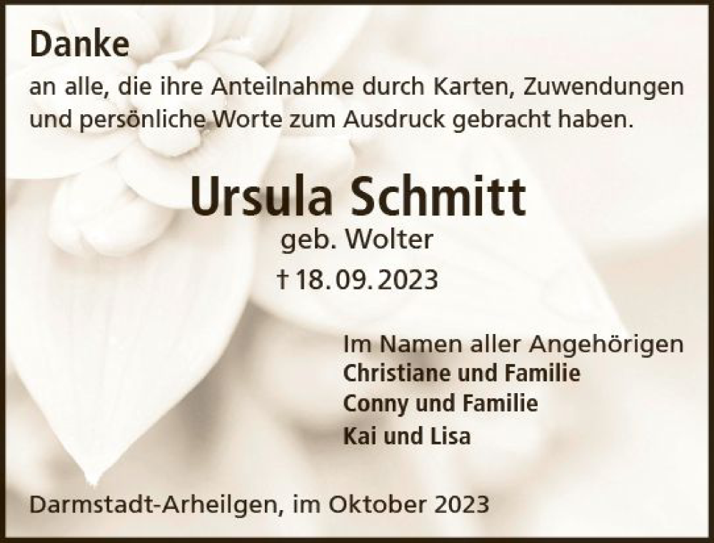  Traueranzeige für Ursula Schmitt vom 14.10.2023 aus Darmstädter Echo