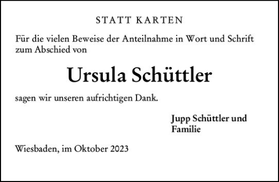 Traueranzeige von Ursula Schüttler von Wiesbadener Kurier