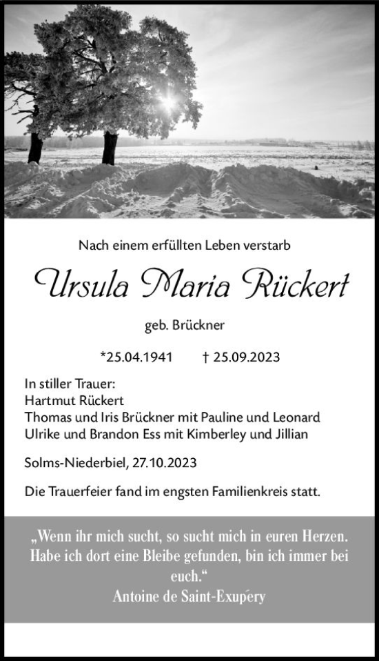 Traueranzeige von Ursula Maria Rückert von Wetzlarer Neue Zeitung