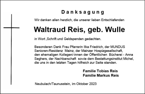 Traueranzeige von Waltraud Reis von Allgemeine Zeitung Mainz