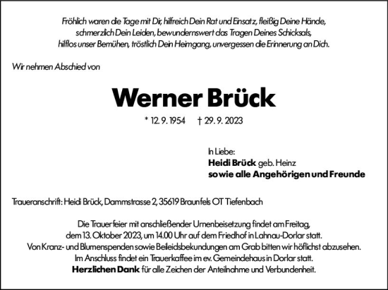 Traueranzeige von Werner Brück von Wetzlarer Neue Zeitung
