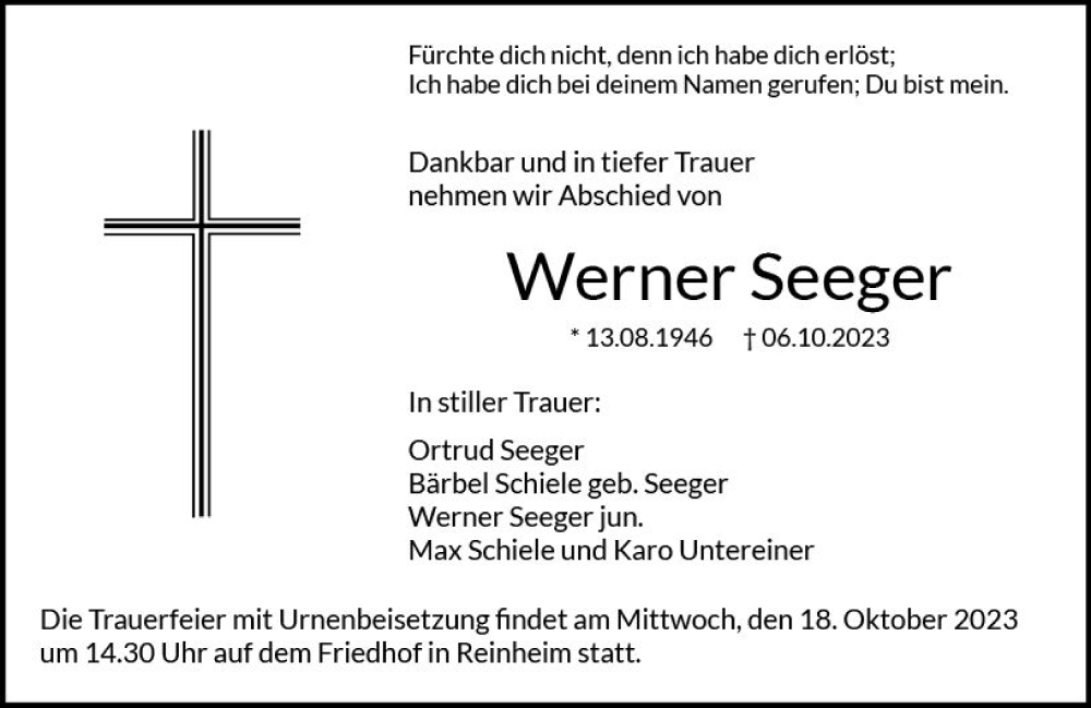  Traueranzeige für Werner Seeger vom 14.10.2023 aus Darmstädter Echo
