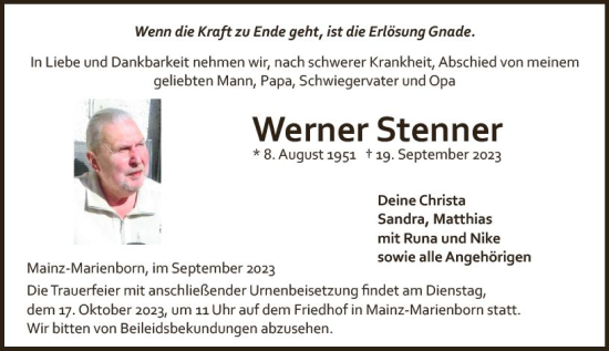 Traueranzeige von Werner Stenner von Allgemeine Zeitung Mainz