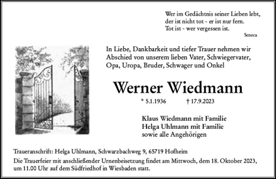 Traueranzeige von Werner Wiedmann von Wiesbadener Kurier