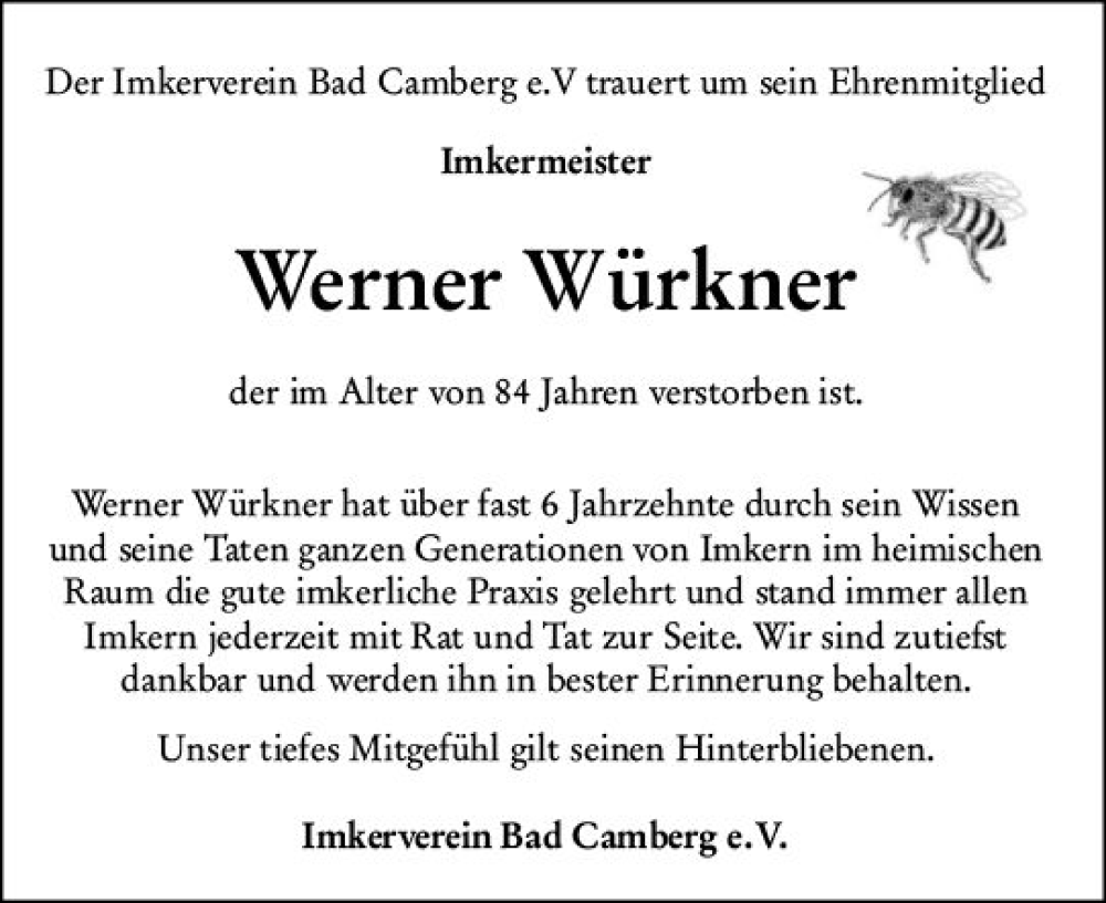  Traueranzeige für Werner Würkner vom 19.10.2023 aus Camberger Anzeiger